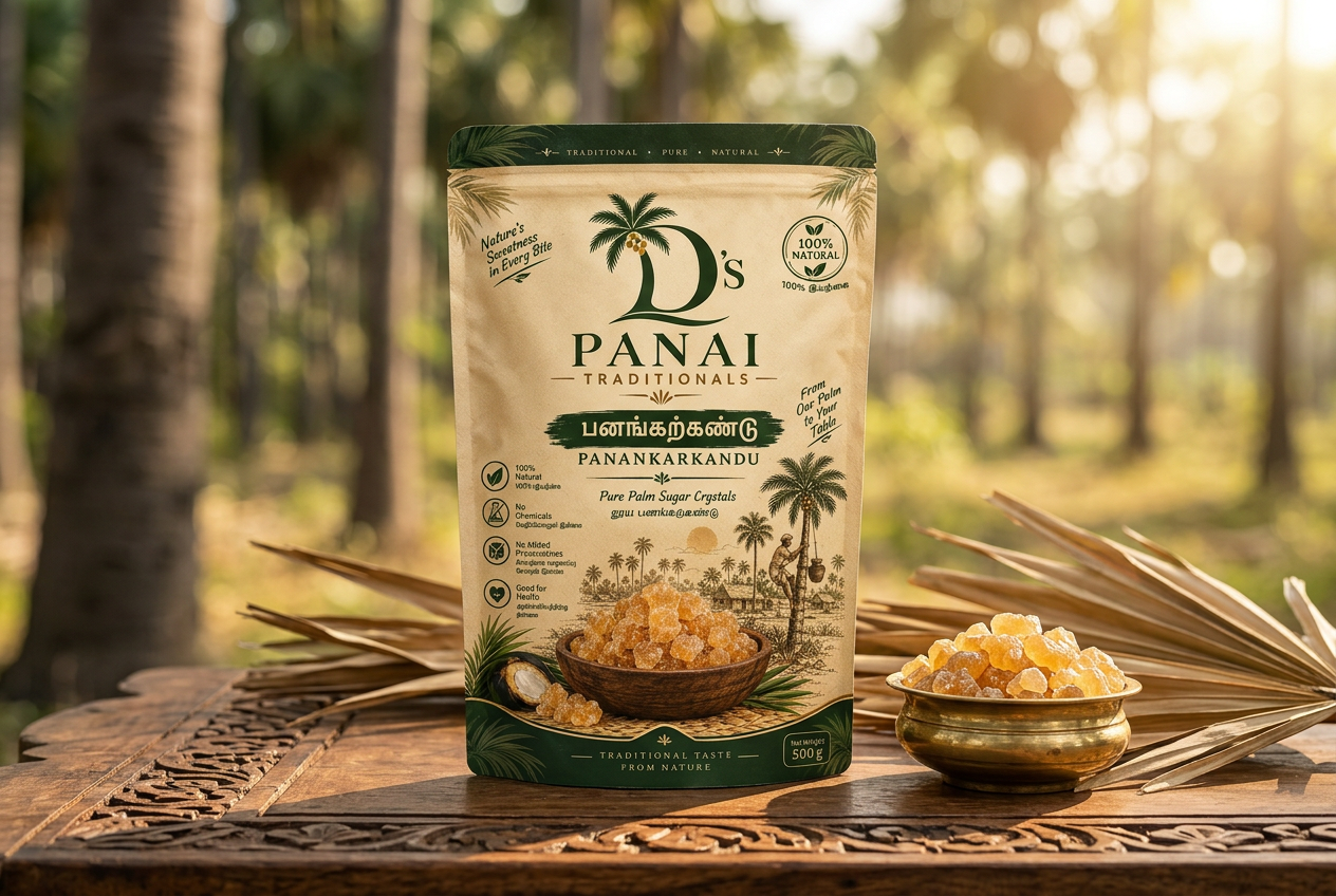 D's PANAI Panangarkandu branded pack beside palm candy crystals on a wooden table